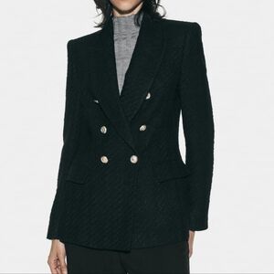 Zara double breasted textured weave jacket black sz M,